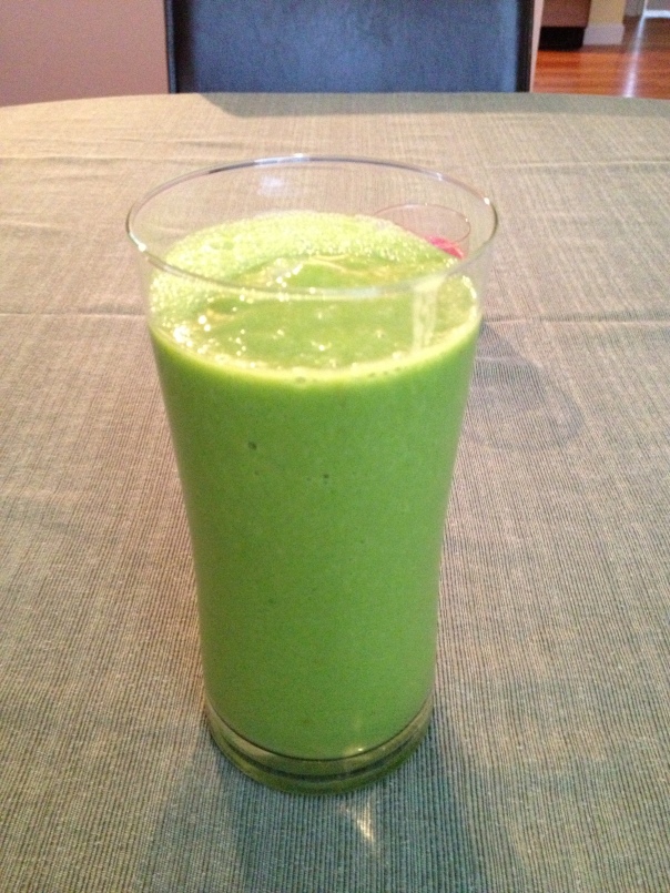 Power green monster smoothie with one cup of mango, 2 cups of spinach, 1 and a 1/2 cups of plain almond milk, and a handful of green grapes. Tasty for breakfast or lunch. And pretty.
