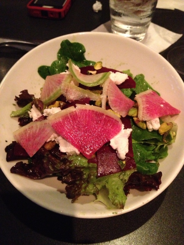 Already one of my favorite things at the Pig, the Gatherer salad. Greens, beets, goat cheese, and shaved figs. Tremendous.